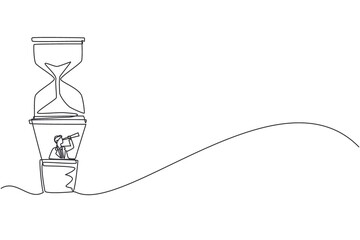 Single continuous line drawing businessman in hot air balloon hourglass looking with telescope. Business time management. Success, champion, victory, sandglass. One line design vector illustration