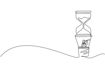 Continuous one line drawing Arab businesswoman in hot air balloon hourglass looking with telescope. Business time management. Success, champion, sandglass. Single line draw design vector illustration