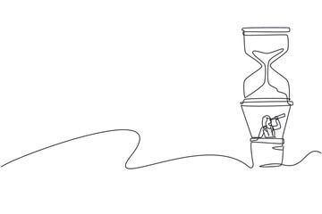 Single one line drawing cute businesswoman in hot air balloon hourglass looking with telescope. Business time management. Success, champion, sandglass. Continuous line draw design vector illustration