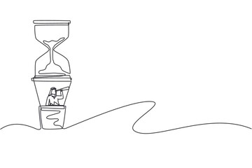 Single one line drawing Arabian businessman in hot air balloon hourglass looking with telescope. Business time management. Success, champion, sandglass. Continuous line draw design vector illustration