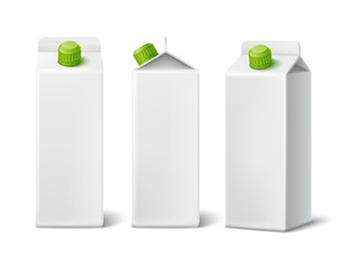 Realistic milk box. Aseptic lactic packs. White cardboard packaging mockup for branding. Juices and beverage containers from different view angles. Vector liquid products package set