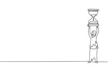 Single continuous line drawing Arabian businesswoman hold hourglass over her head. Business time management. Success, champion, victory, sandglass. One line draw graphic design vector illustration