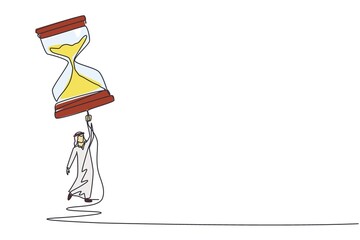 Single one line drawing Arab businessman flying with hourglass balloon. Business time management. Success, champion, victory, sandglass. Modern continuous line draw design graphic vector illustration