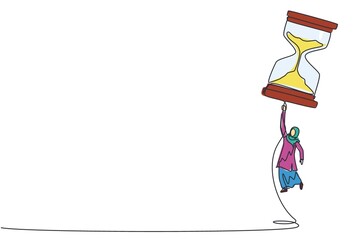 Continuous one line drawing Arabian businesswoman flying with hourglass balloon. Business time management. Success, champion, victory, sandglass. Single line draw design vector graphic illustration