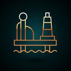 Gold line Oil platform in the sea icon isolated on dark blue background. Drilling rig at sea. Oil platform, gas fuel, industry offshore. Vector