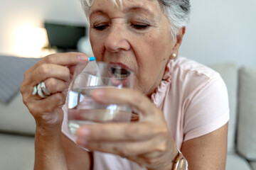 Shot of a senior woman about to take a pill. Woman holding pill and glass of fresh water, taking medicine from headache, stomach pain or taking vitamins, sedation meds. Healthcare and people concept.
