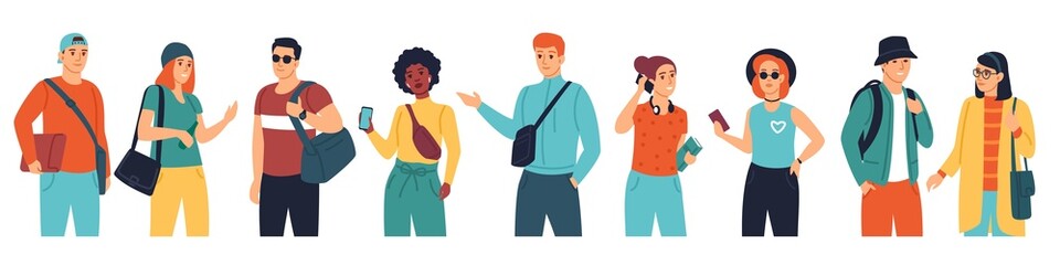 Fototapeta premium Multicultural students. Young people in modern clothes. International men and women. University multiethnic friends standing in row. Teenagers with books and phones. Vector persons set