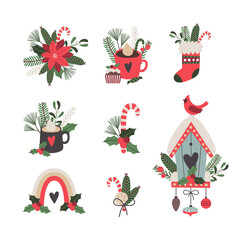 Christmas pre-made compositions set. Vector illustration for greeting cards.