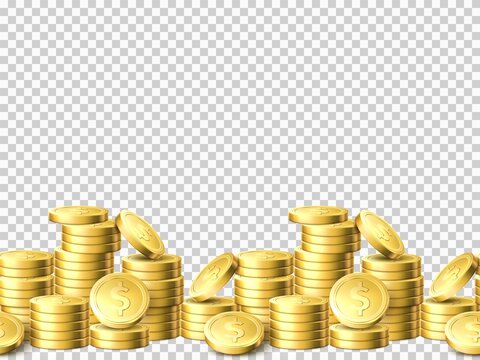 Seamless Gold Coins Columns. Realistic Money Seamless Border. Stacked Dollar Cents. Piles Shiny Coins. Casino Profits. Market Stacks. Vector Isolated On Transparent Background Concept