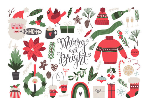 Christmas vector clipart set. Merry and bright lettering, Christmas greeting card template. Holiday illustration.