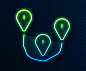 Glowing neon line Route location icon isolated on blue background. Map pointer sign. Concept of path or road. GPS navigator. Vector