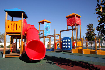 Childrens playground with tunnels, towers, and climbing frames