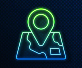 Glowing neon line Folded map with location marker icon isolated on blue background. Vector