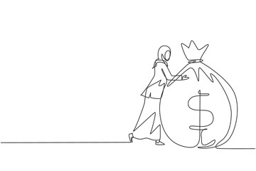 Single continuous line drawing Arabian businesswoman hugging big money bag. Financial success. Woman standing, hugging huge cash bag. Business creative idea. One line draw design vector illustration