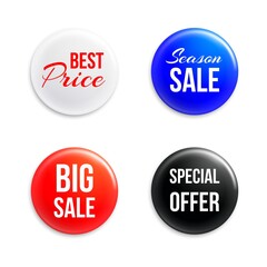 Pin badges with discounts info. Round realistic buttons. 3D price tags. Isolated super sale promo brooches. Best price and special offer mockups. Vector shopping promotion icons set