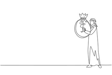 Continuous one line drawing Arabian businessman holding large bag full of money. Smiling man walking and carrying big heavy sack full of cash money. Single line draw design vector graphic illustration