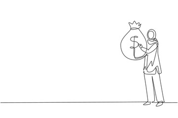 Continuous one line drawing Arab businesswoman holding large bag full of money. Smiling Arabian woman walking, carrying big heavy sack full of cash money. Single line draw design vector illustration