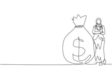 Single continuous line drawing Arabian businesswoman in hijab standing near big heavy bag with dollar sign. Female leaning on money sack. Successful concept. One line draw design vector illustration