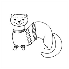 Cute ferret in a sweater in doodle style. Simple decor for a festive Christmas and New Years. Vector illustration isolated on white background.