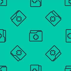 Blue line Medical clipboard with clinical record icon isolated seamless pattern on green background. Prescription, medical check marks report. Vector