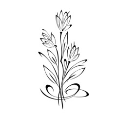 Naklejka premium ornament 2019. bouquet of three stylized flowers on long stems with leaves and curls in black lines on a white background
