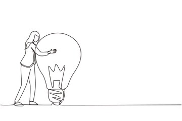 Single continuous line drawing happy businesswoman hugs big lightbulb. Female with light idea bulb. Business success, creative, inspiration, business startup. One line draw design vector illustration