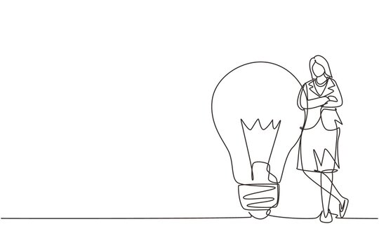 Single one line drawing happy businesswoman leaning on giant lightbulb. Business people have ideas leaning against the lamp symbol is good idea. Continuous line draw design graphic vector illustration