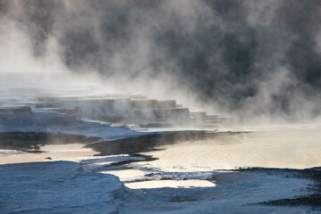 Mammoth Hot Springs, at sunrise,, Yellowstone National Park, Wyoming, USA.