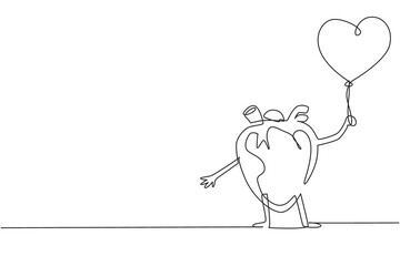 Continuous one line drawing heart organ mascot holding balloon with love shape for celebration party. Health of cardiovascular system. Power and strength of heart organ. Single line draw design vector