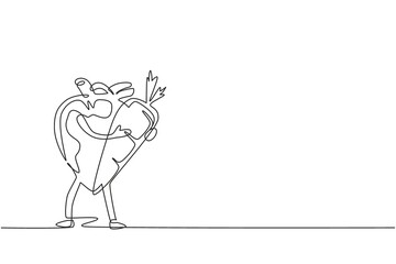 Single continuous line drawing healthy and fit heart organ holding big carrot healthy food. Health of cardiovascular system. Power and strength of heart organ. One line draw design vector illustration