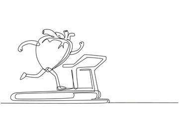 Continuous one line drawing cute funny heart organ running on treadmill. Heart organ workout, sport, fitness, cardio run, stamina character concept. Single line draw design vector graphic illustration