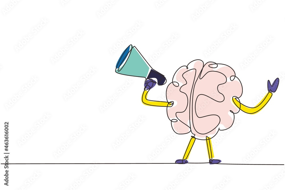 Aufkleber single one line drawing brain with loudhailer or megaphone. concept clever advice from character bra