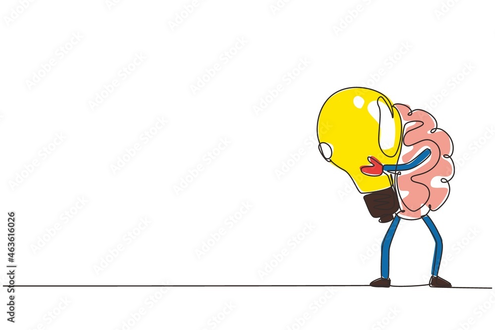 Aufkleber single one line drawing brain holds the light bulb. symbol of new idea that came to mind. brain char