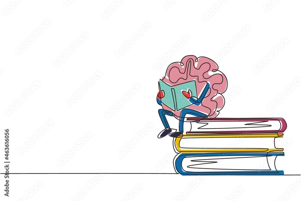 Poster continuous one line drawing cartoon brain reading book. funny brain character sitting on stack of bo