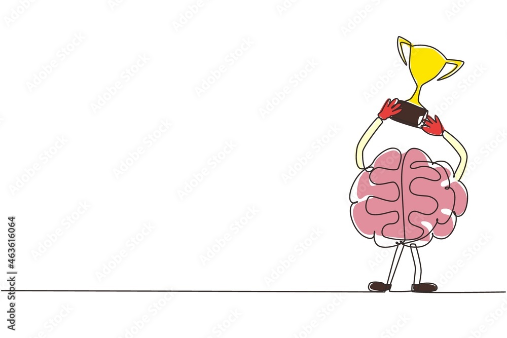 Poster single continuous line drawing brain with cup of the winner is on podium, won first place. champion 