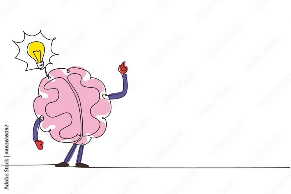 Aufkleber single one line drawing human brain invented something with bulb icon. found the answer cartoon brai