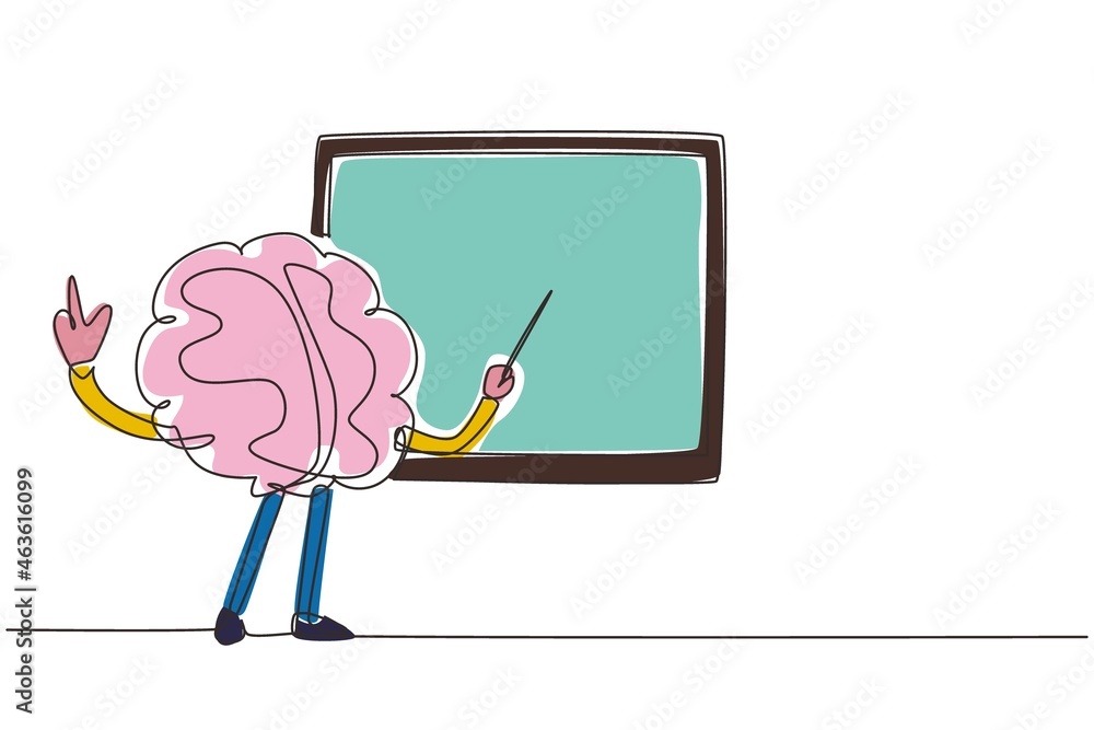 Poster continuous one line drawing smart brain mascot cartoon character teaching class in front of the blac