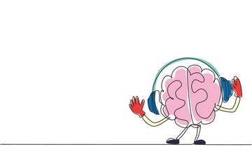 Continuous one line drawing cute joyful human brain organ character listening music in headphones. Music lover cartoon brain concept. Doodle style. Single line draw design vector graphic illustration