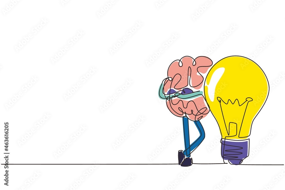 Aufkleber single one line drawing brain leaning on the light bulb. symbol of new idea that came to mind. brain