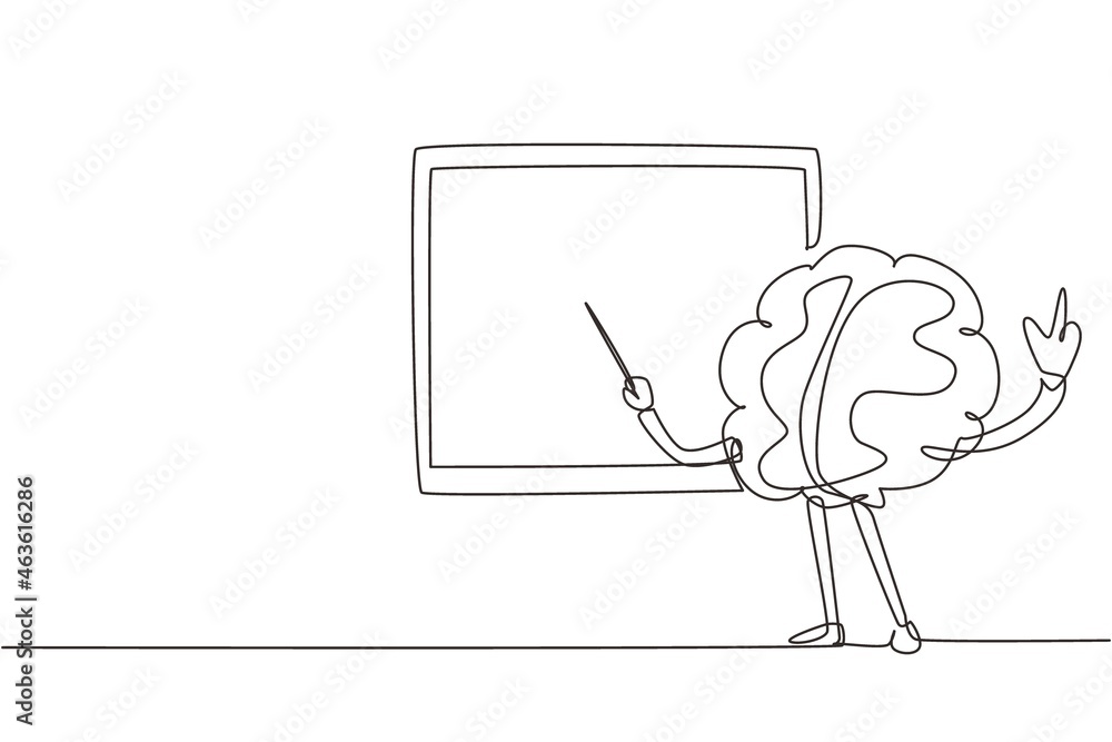 Poster continuous one line drawing smart brain mascot cartoon character teaching class in front of the blac