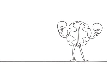 Continuous one line drawing brain with boxing gloves celebrating victory. Concept of proving and defending your position, power mind, memory. Single line draw design vector graphic illustration