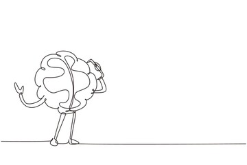 Single continuous line drawing brain using smartphone talking cartoon person mobile phones. Business negotiations by phone human brain character, smart wise. One line draw design vector illustration