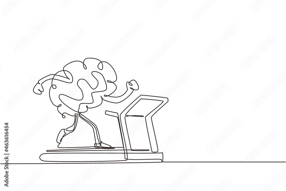 Poster continuous one line drawing brain working out on a treadmill. work on yourself. brain workout on a t