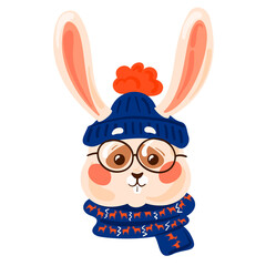 Cute white bunny with hat and scarf. Cute winter animal. Christmas illustration. 