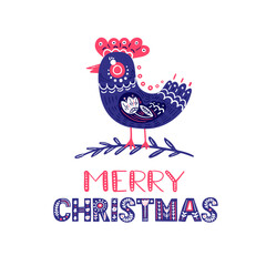 Christmas greeting card with bird and hand drawn lettering, folk style. Vector Christmas card. 