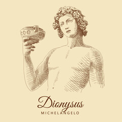Sketch of the sculpture by Michelangelo 'Dionysus'. Bacchus, god of wine and winemaking. Man portrait with a bowl and grapes. Vintage brown and beige card, hand-drawn, vector. Old design. Line graphic - obrazy, fototapety, plakaty