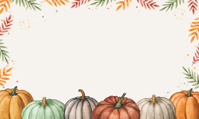 Watercolor autumn frame with fall foliage and colorful pumpkins on white background. Thanksgiving background, border. Fall season banner. Halloween decoration - obrazy, fototapety, plakaty