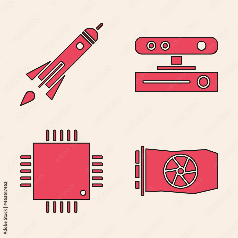 Poster set video graphic card, rocket ship with fire, motion sensor and processor with microcircuits cpu ic