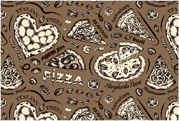 Outline drawing pattern of pizza with tomatoes, melted mozzarella cheese, salami, pepperoni, seafood, basil. Vintage italian food wallpaper. Sketch hand drawn pizza Margarita. Vector illustration.