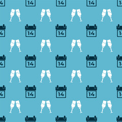 Set Calendar with February 14 and Glass of champagne on seamless pattern. Vector